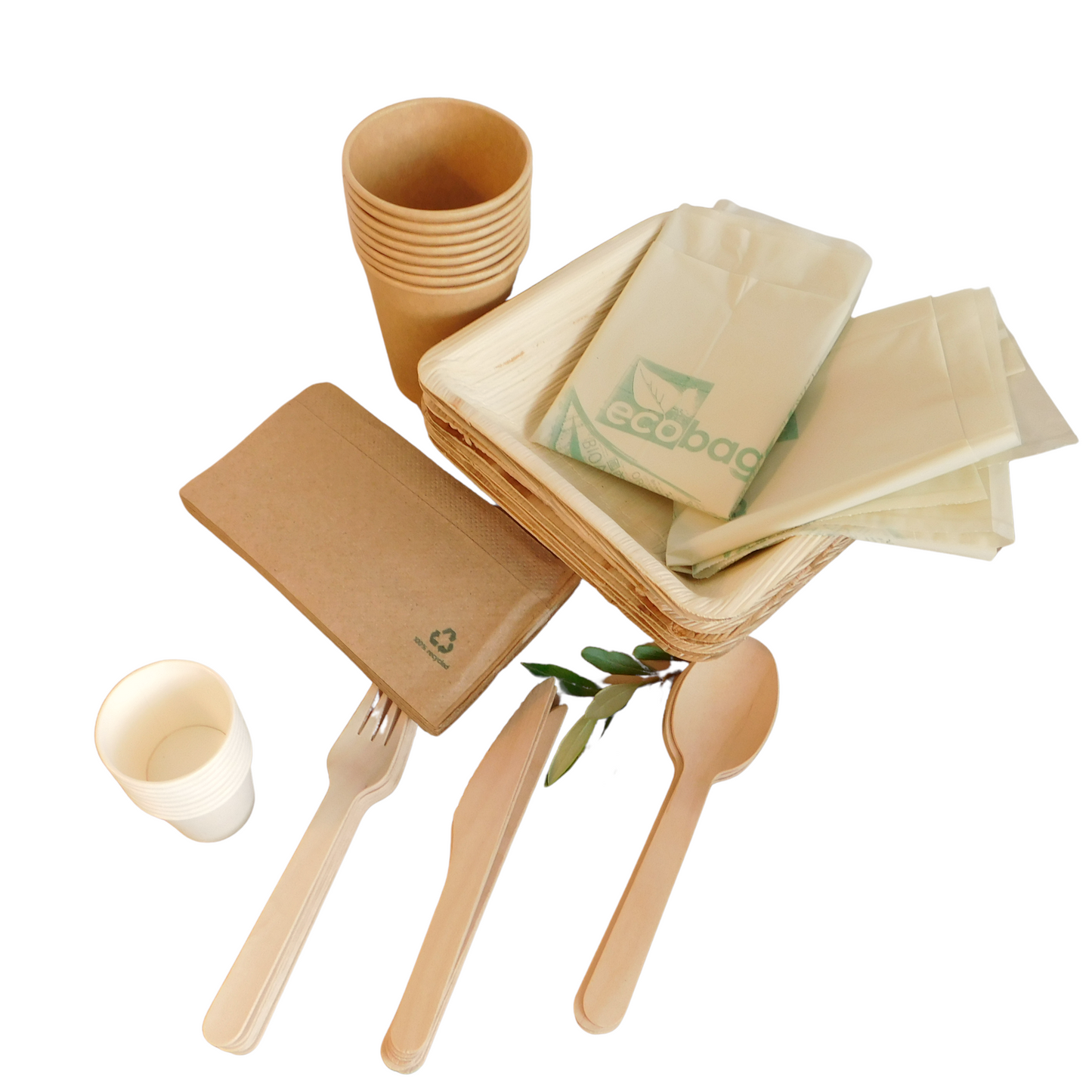 Medium collection of cutlery (geschirr), palm bowls, paper cups and napkins