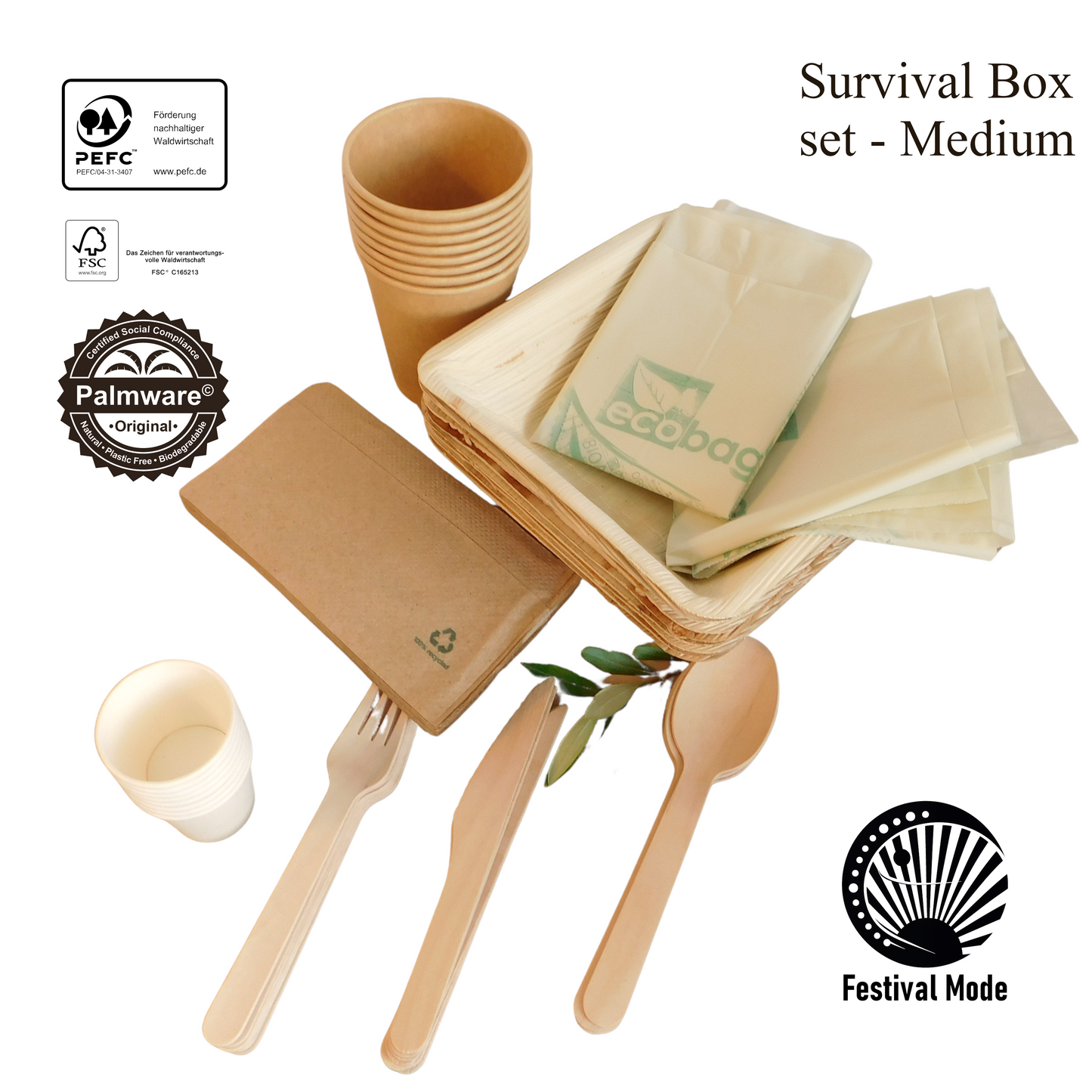 collection of cutlery (geschirr), palm bowls, paper cups and napkins