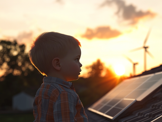 child looking at renewable energy sources of solar panels and wind turbines