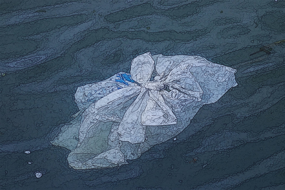 white tied plastic bag floating in water cartoon effect