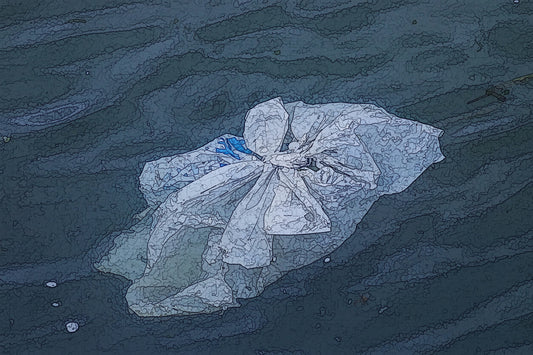 white tied plastic bag floating in water cartoon effect
