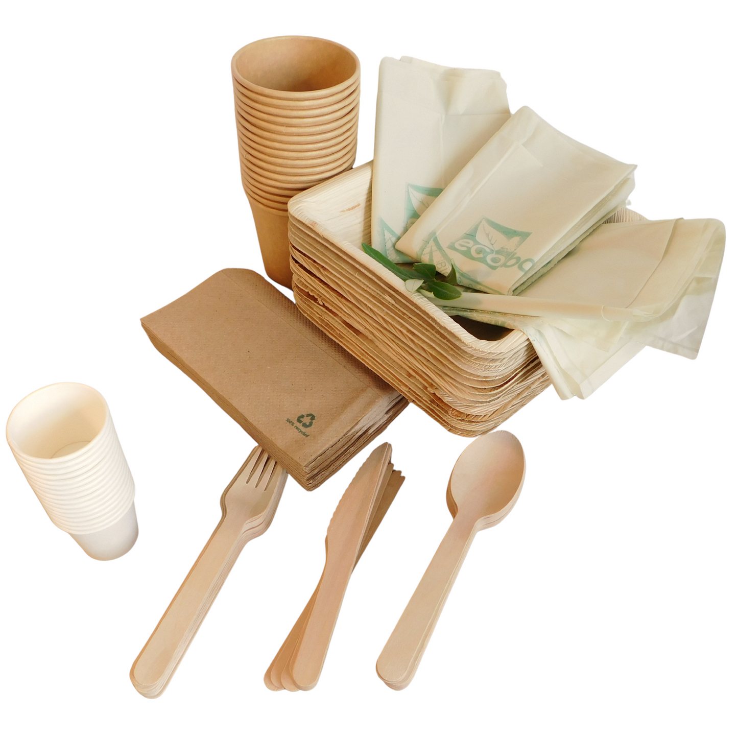 Large collection of cutlery (geschirr), palm bowls, paper cups and napkins
