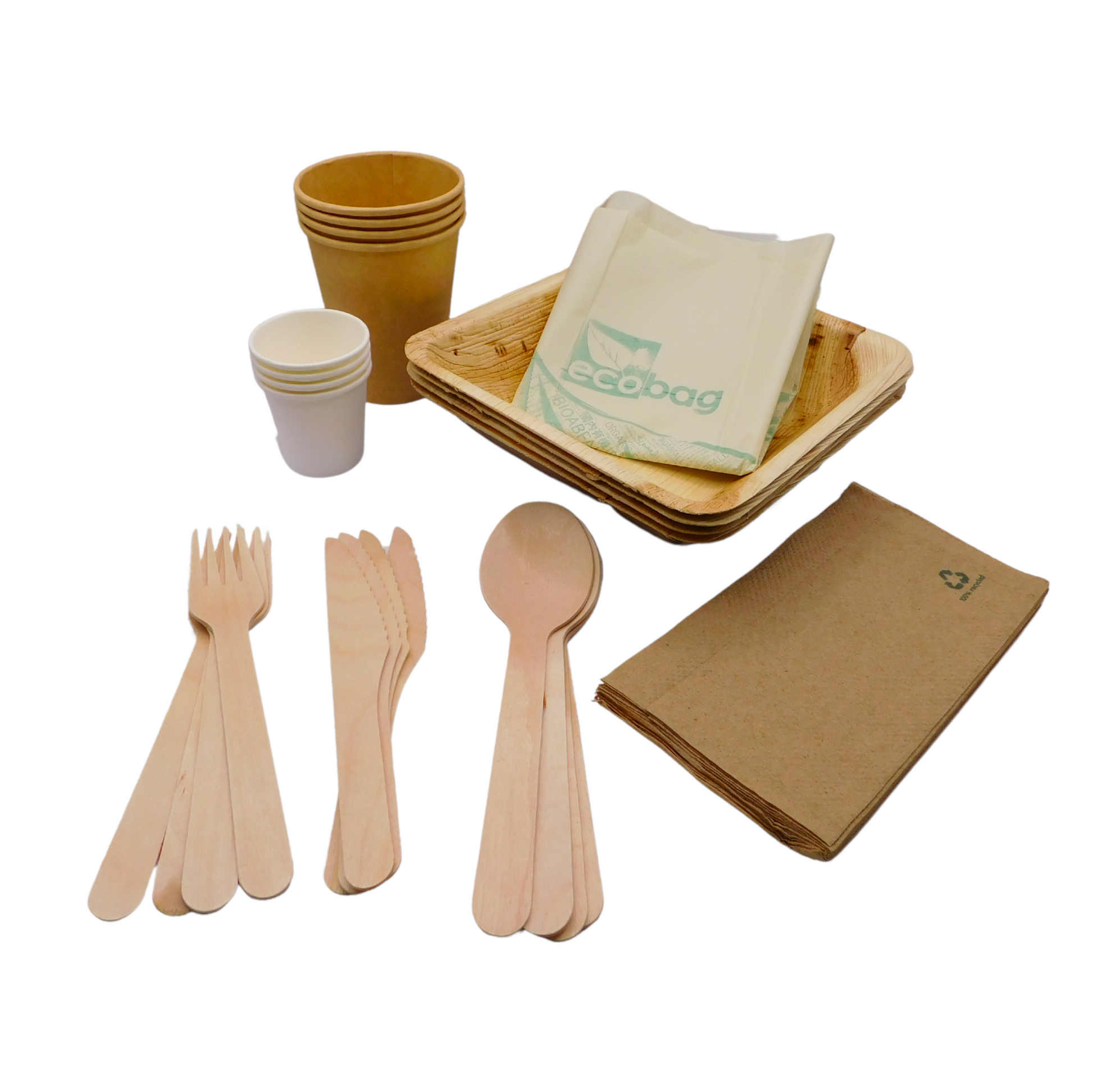 Small collection of cutlery (geschirr), palm bowls, paper cups and napkins
