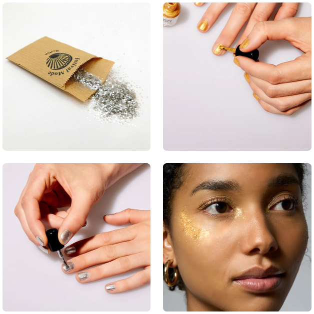 bioglitter nailpolish and woman wearing gold glitter