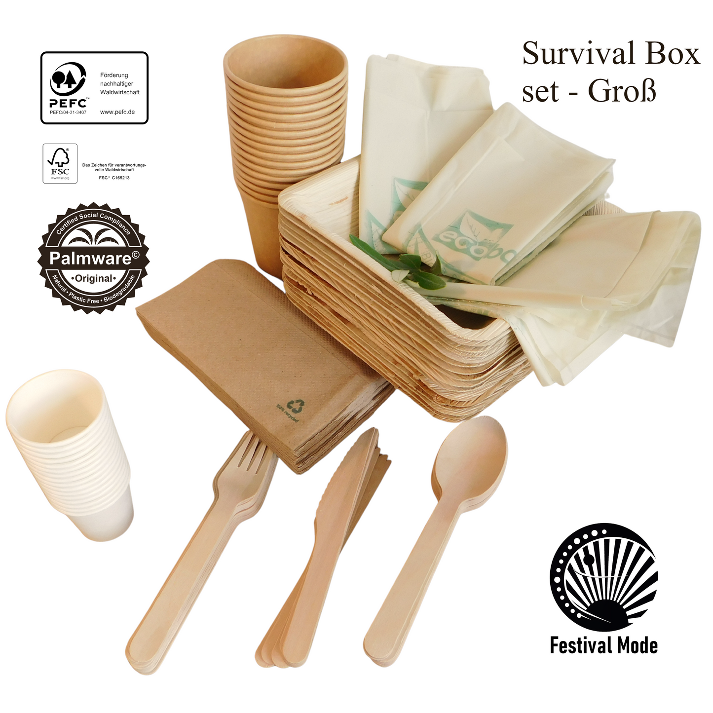 collection of cutlery (geschirr), palm bowls, paper cups and napkins