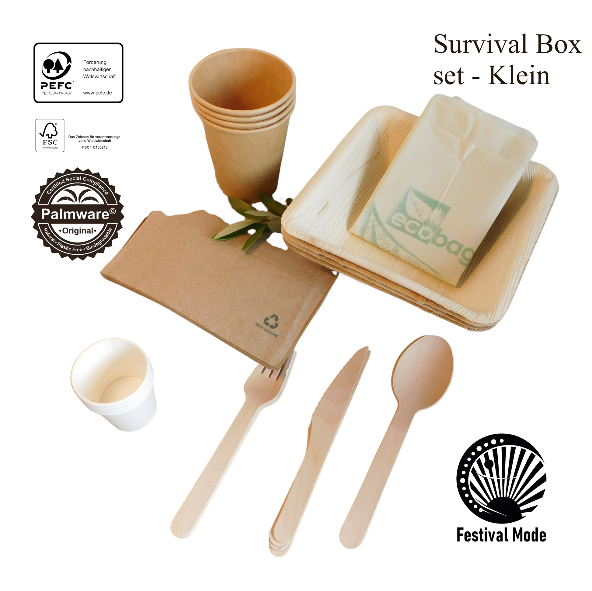 collection of cutlery (geschirr), palm bowls, paper cups and napkins